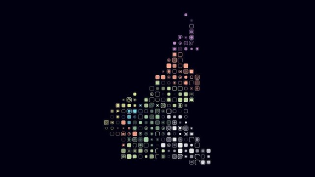 Cameroon map animation. Shape of the country with pulsating colored dots. Large size rounded square blocks. Digital style Cameroon map on dark background. Trending video.