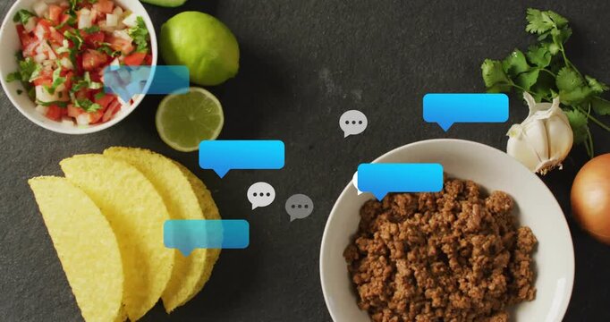 Chat bubbles gathering and sliding across tacos after blue speech bubble appearing showing comments