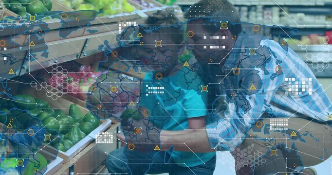 Vertical video: Dad guiding boy picking apple at grocery checking for pick as map overlay fading in