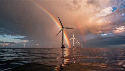 Fototapeta premium A vibrant rainbow arches over a row of offshore wind turbines in the sea during a light rain shower at dusk.