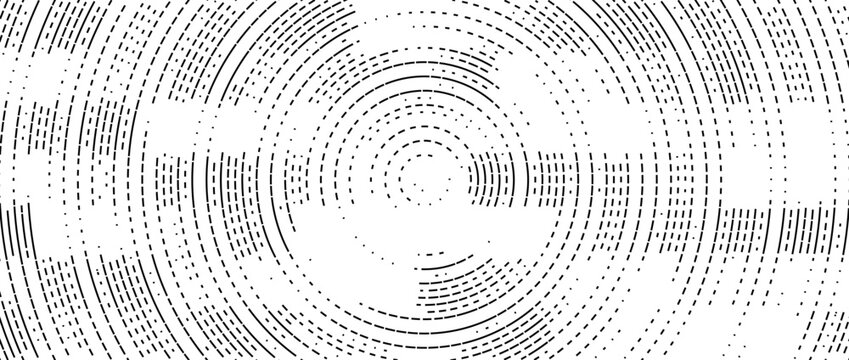 Abstract radial pixelated halftone pattern. Circular pixel explosion background. Rotating scattered dot dashed texture overlay bg. Vector radial spinning backdrop. Fading round fragment wallpaper