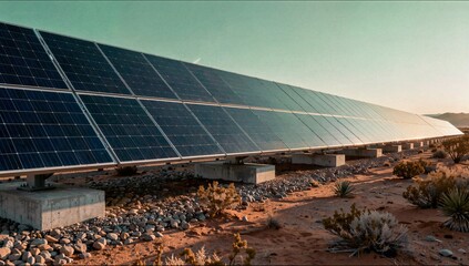 Fototapeta premium A vibrant rainbow arches over a row of offshore wind turbines in the sea during a light rain shower at dusk.