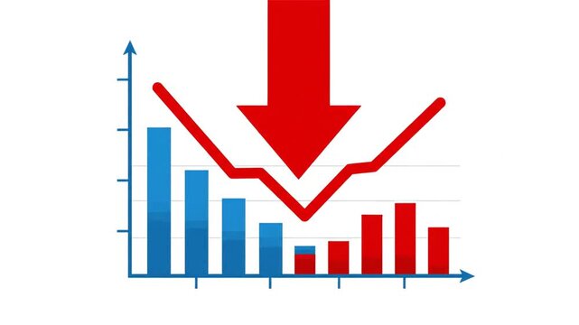 Flat vector icon of a financial market crash with a red falling arrow and declining graph chart symbol on a white background, signifying economic recession, investment loss, and downtrend.