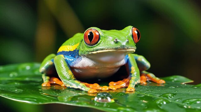 Vibrant Red-Eyed Tree Frog Resting on Wet Green Leaf in Lush Rainforest
