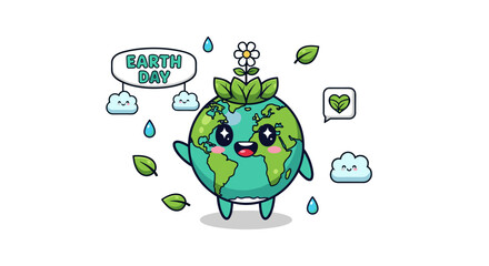 Obraz premium Cute cartoon earth character celebrating earth day with growing plant and raindrops