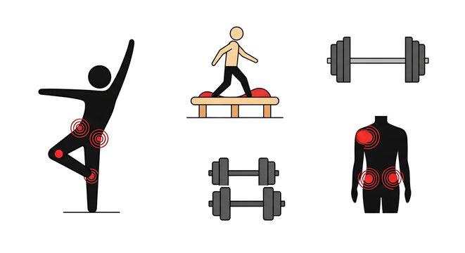 A vector graphic illustration of people exercising with pain highlighted in their bodies