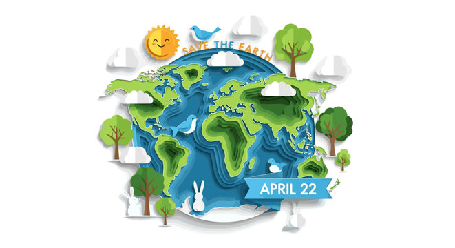 Vibrant earth globe illustration with lush green trees fluffy clouds and a sun