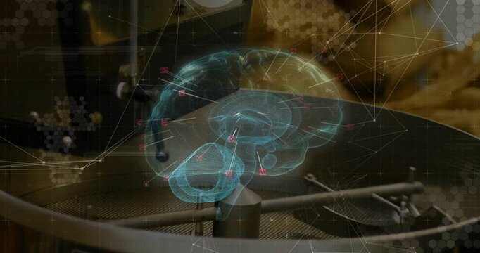 Hologram brain rotating as platform starting projection, red markers mapping regions for research
