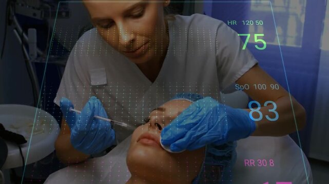 Clinician leaning, positioning syringe and injecting upper lip for shaping, vital overlay rising