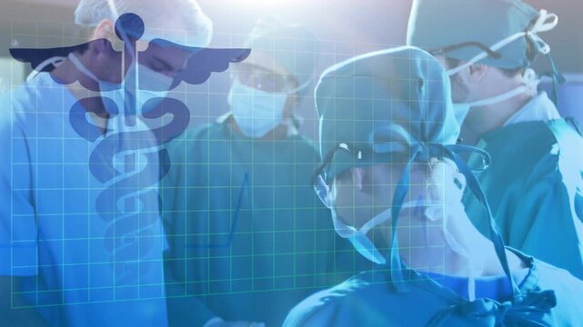 Female surgeon leading team assembling at OR, initiating procedure with caduceus grid overlay left