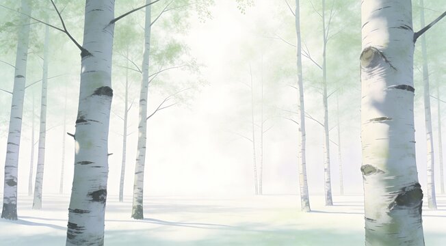 Minimalist digital art of birch bark texture in sparse forest setting, soft side lighting, vast whit