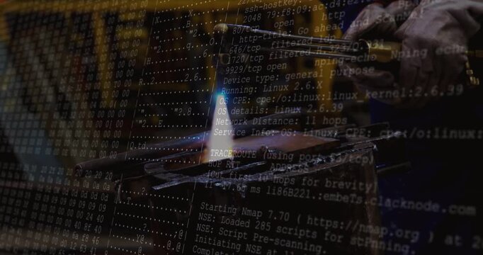 Welder igniting torch directing flame to heat metal piece in factory console text overlaying frame