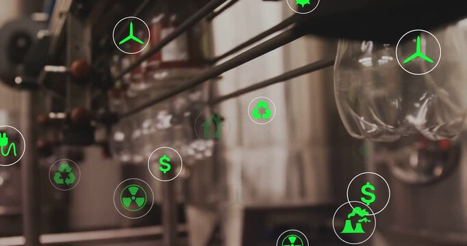 Line carrying PET bottles, green icons drifting past blurred worker, showing energy recycling costs