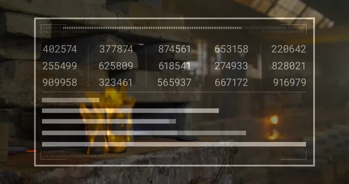 Overlay fading in updating grids morphing into bars over foundry bricks with flame, tech monitoring