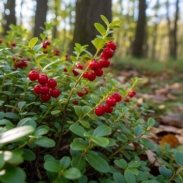 Bright red lingonberry fruits ripening on green shrubs within a tranquil autumn forest landscape. american bearberry