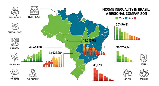 A vector graphic illustrating income inequality in Brazil through a regional comparison of bar charts and a map