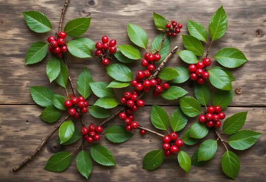 Flat lay of vibrant red winter berries and lush green leaves arranged on a rustic wooden surface. american bearberry