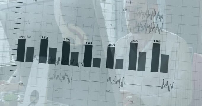 Senior man clicking mouse and woman on headset tracking finance chart rotating, updating metrics