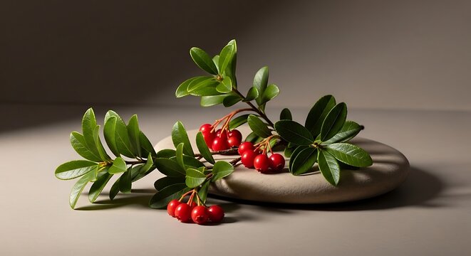 A minimalist studio composition featuring bright red winter berries resting on a smooth stone base. american bearberry