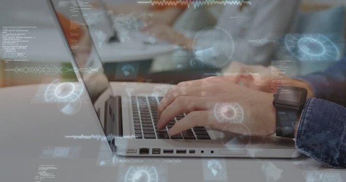 Vertical video: Male typing on laptop in classroom, causing HUD and code overlays for data entry