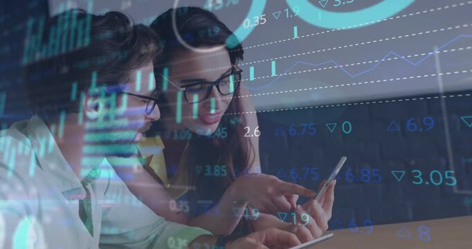 Woman pointing phone and tapping initiating finance charts while man scrolling tablet agreeing