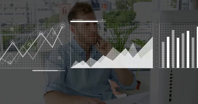 Vertical video: Analyst receiving feed while tracking HUD charts evolving to bar  and  map for busin