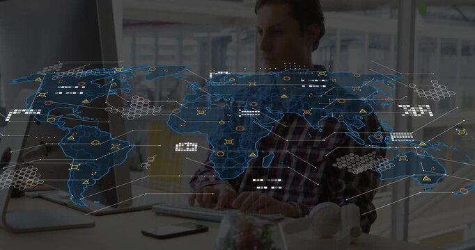 Man reaching desk in office as animated map appearing tracking tech data typing then picking phone