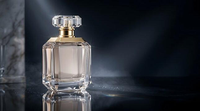 Luxury Crystal Perfume Bottle with Gold Accents on Reflective Black Surface with Elegant Smoke Effect