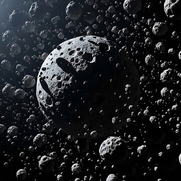A detailed view of a cratered moon surrounded by a vast field of dark rocky asteroids in space. astroid belt