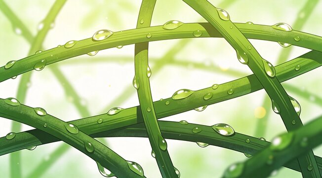 Minimalist creative design showing intertwined forest vines with dew drops, vertical composition wit
