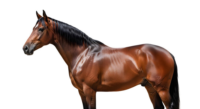 A majestic brown horse stands proudly against a black background