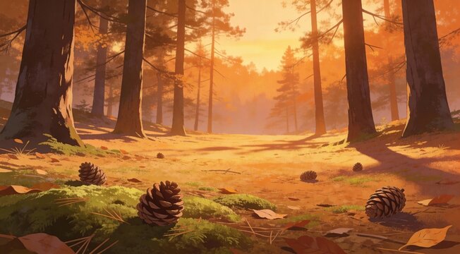 Serene digital illustration of forest floor with minimal pine cones, scattered organically with vast