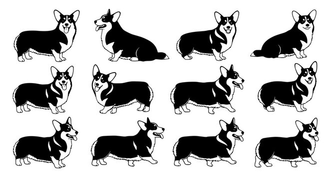 Corgi Dog Silhouette Set Black Puppy Vector Illustration
