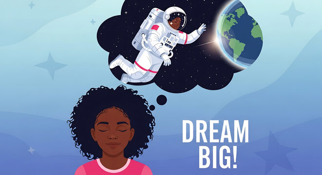 A young girl with big dreams of becoming an astronaut floating in space with the Earth in her thoughts.