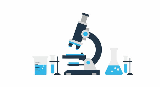 Laboratory equipment with microscope and glassware.