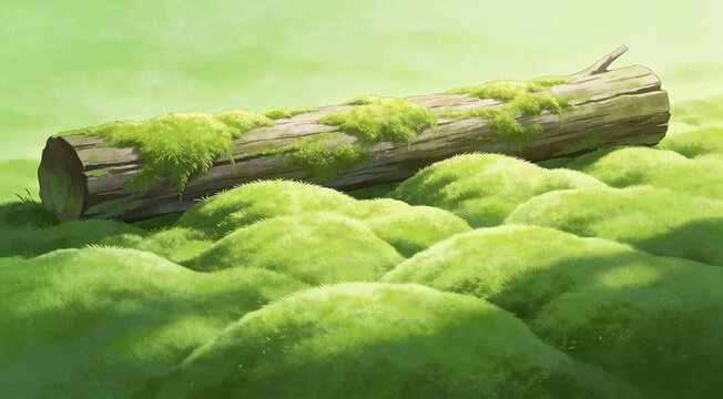 Serene Minimalist Moss Carpet on Fallen Forest Log - AI-generated illustration