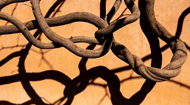 Minimalist professional stock of intertwined roots above ground, serpentine forms, earthy shadow pla
