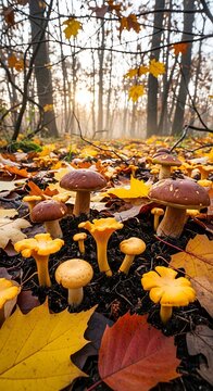 A vibrant assortment of wild mushrooms growing on the forest floor during a crisp autumn morning. mush
