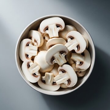 A top down view of a bowl filled with fresh sliced white mushrooms on a neutral grey background. mush