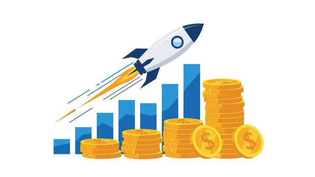 Spaceship rocket launching upwards over blue bar charts and stacks of gold coins symbolizing rapid financial growth and successful startup ventures.