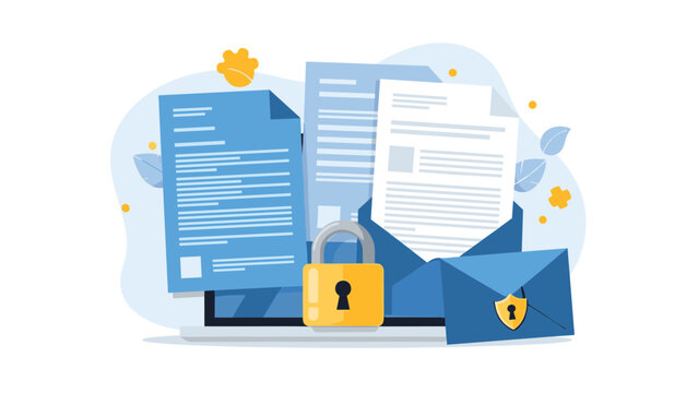 Data privacy and email security concept with laptop computer protected by large yellow padlock and encrypted messages for protection.