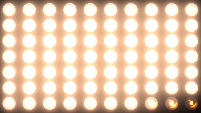 Dynamic Concert Stage Light Panel Collection: Flashing Golden Bulb Wall with Geometric Patterns and Rhythmic VJ Transitions on Black Background