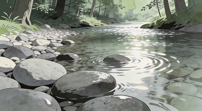 High quality illustration of minimalist woodland brook pebbles, smooth rounded forms, rippled water