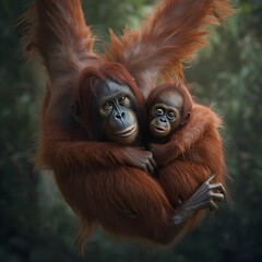 Naklejka premium Orangutan Mother with Baby Clinging to Back Swinging Through Borneo Rainforest Endangered Wildlife Photography