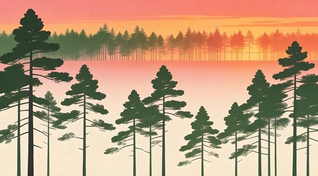 High quality minimalist illustration of forest horizon simplified to treeline, vast negative space,