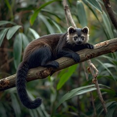 Obraz premium Rare Binturong Bearcat Resting on Tropical Tree Branch in Southeast Asia Rainforest Wildlife Photography