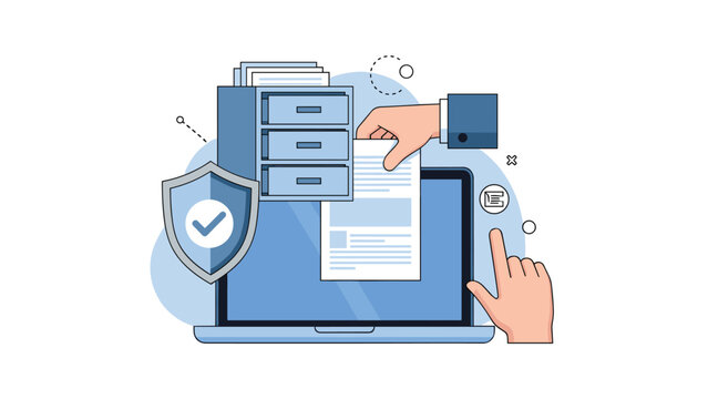 Secure electronic document management system concept with digital filing, laptop, protective shield, and user interaction.