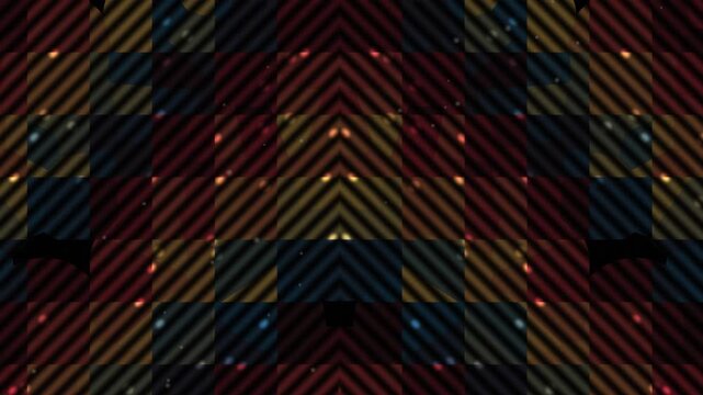 Abstract geometric pattern with diagonal stripes and checkered squares in dark red, blue, and gold tones.