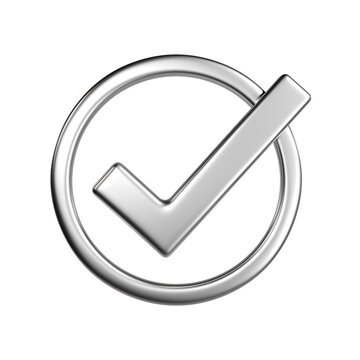 Metallic check mark inside circle icon silver 3D render	
