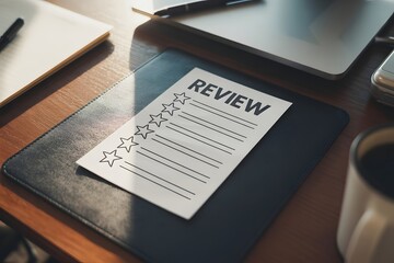 Obraz premium A review form on a desk with a laptop and coffee cup nearby for feedback